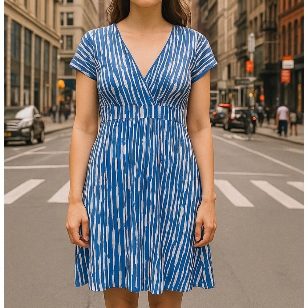 Boden Faux Wrap Blue/Cream Surplice Knit Dress, 4